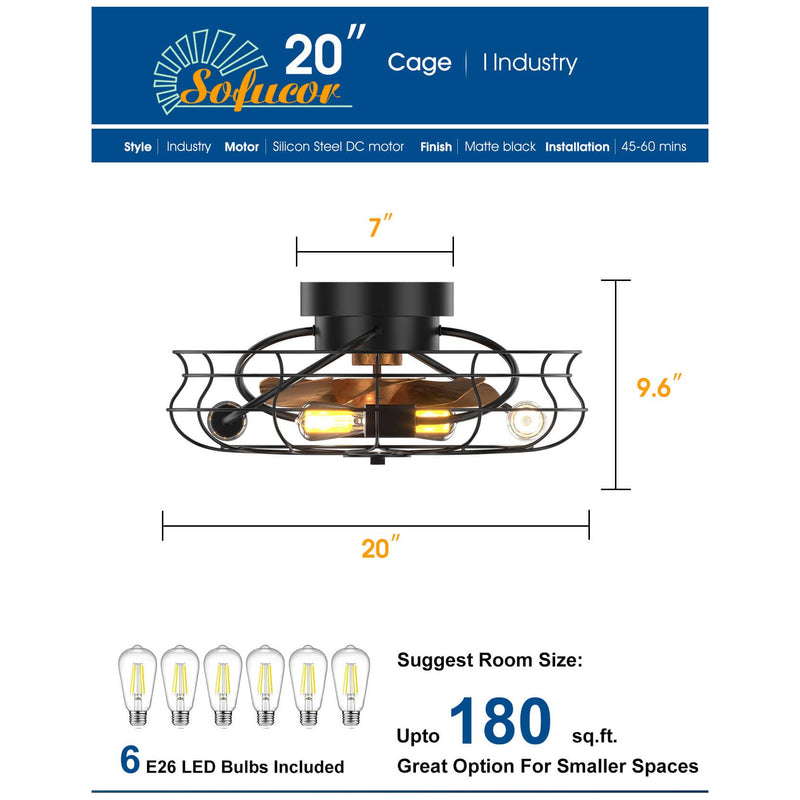 Sofucor KBS-20K001 20'' Caged Flush Mount Enclosed Ceiling Fan With Light Remote Control