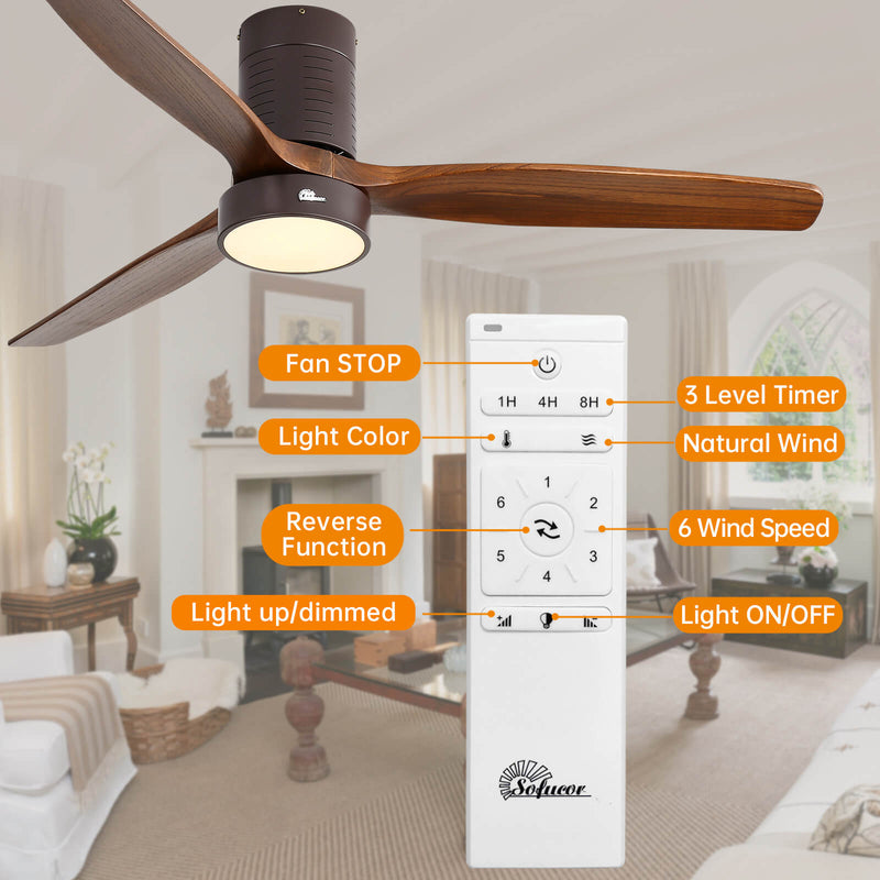 Sofucor KBS-52245 52'' Flush Mount Ceiling Fan With Light Remote Control Low Profile