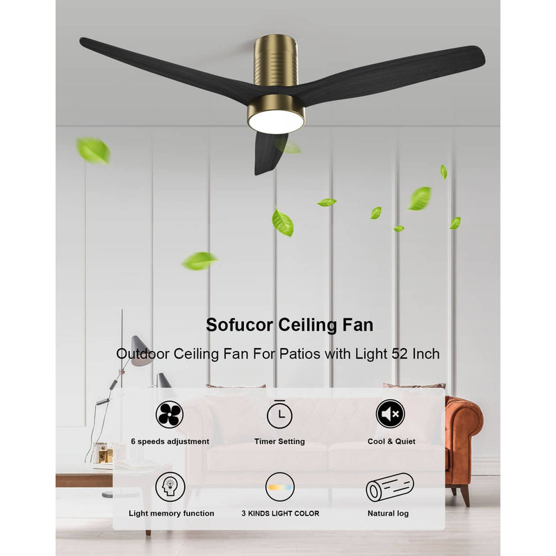 Sofucor KBS-52245-SN 52'' Low Profile Flush Mount Ceiling Fan With Light Remote Control