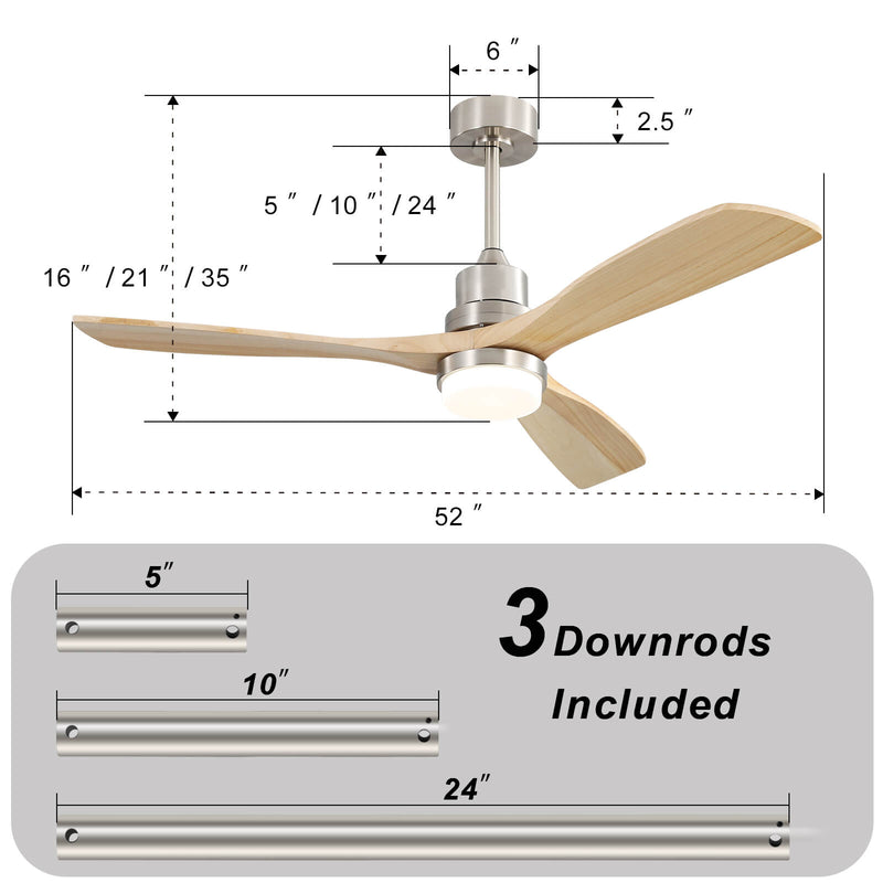 Sofucor KBS-5247 52'' Ceiling Fan With Light Remote Control DC Motor 3 Blades