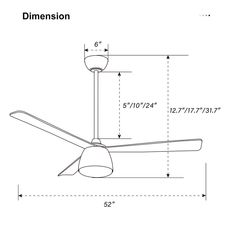 Sofucor KBS-52K036 52" Ceiling Fan With Light And Remote 3 ABS Blades